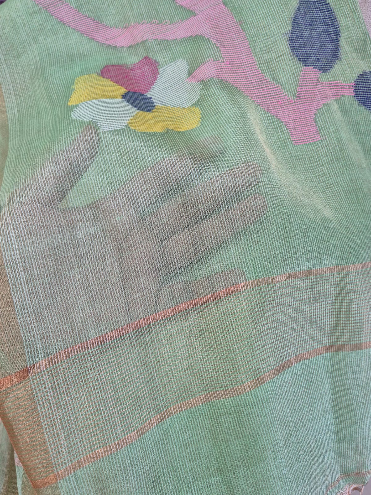 Green Base with Pink Stems Handloom Tissue Silk Saree with Jamdani weaving