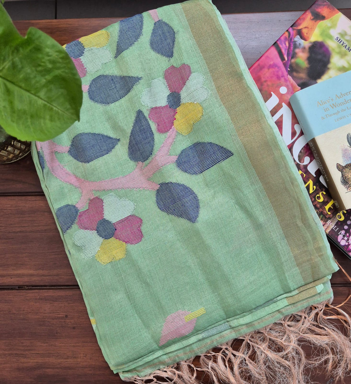 Green Base with Pink Stems Handloom Tissue Silk Saree with Jamdani weaving
