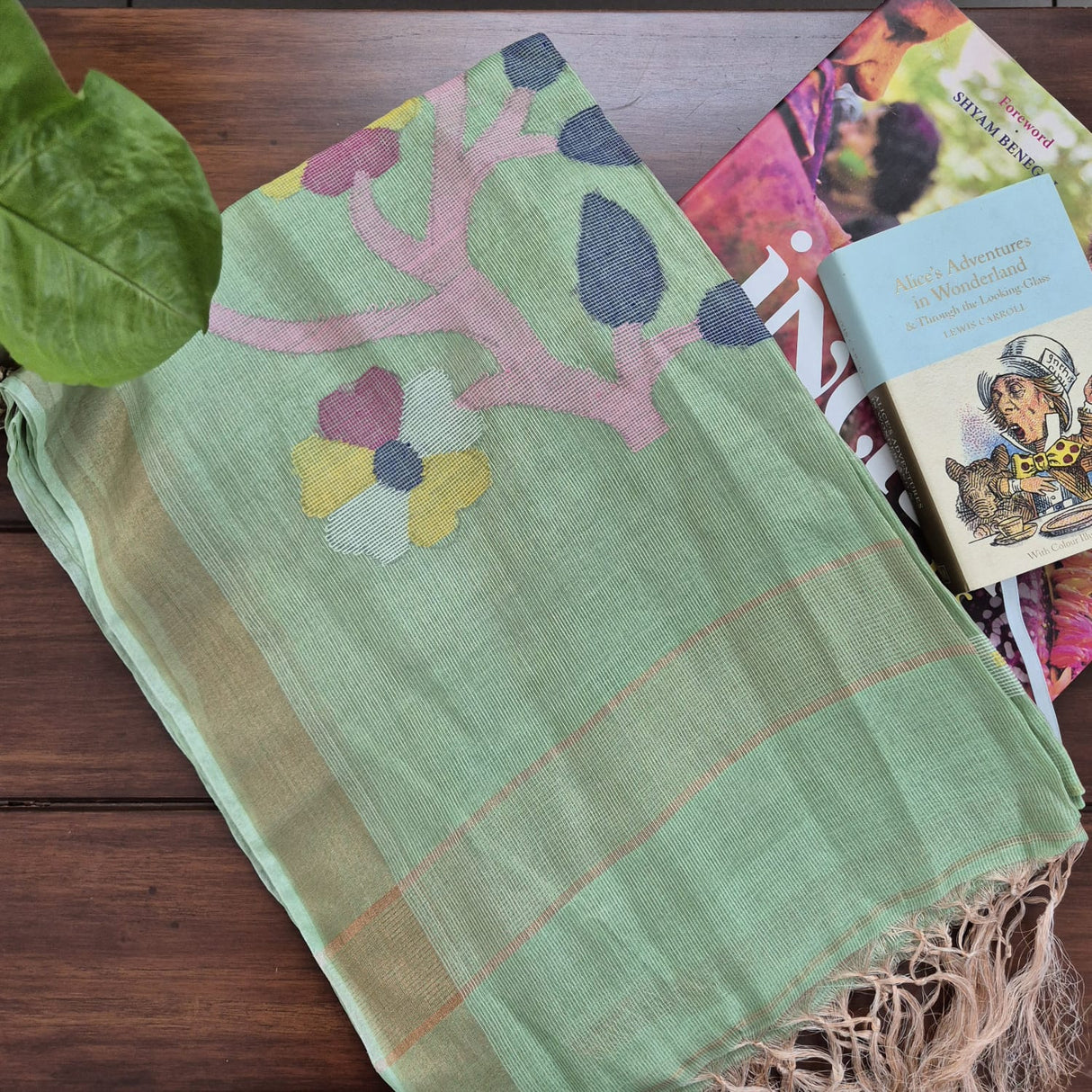 Green Base with Pink Stems Handloom Tissue Silk Saree with Jamdani weaving