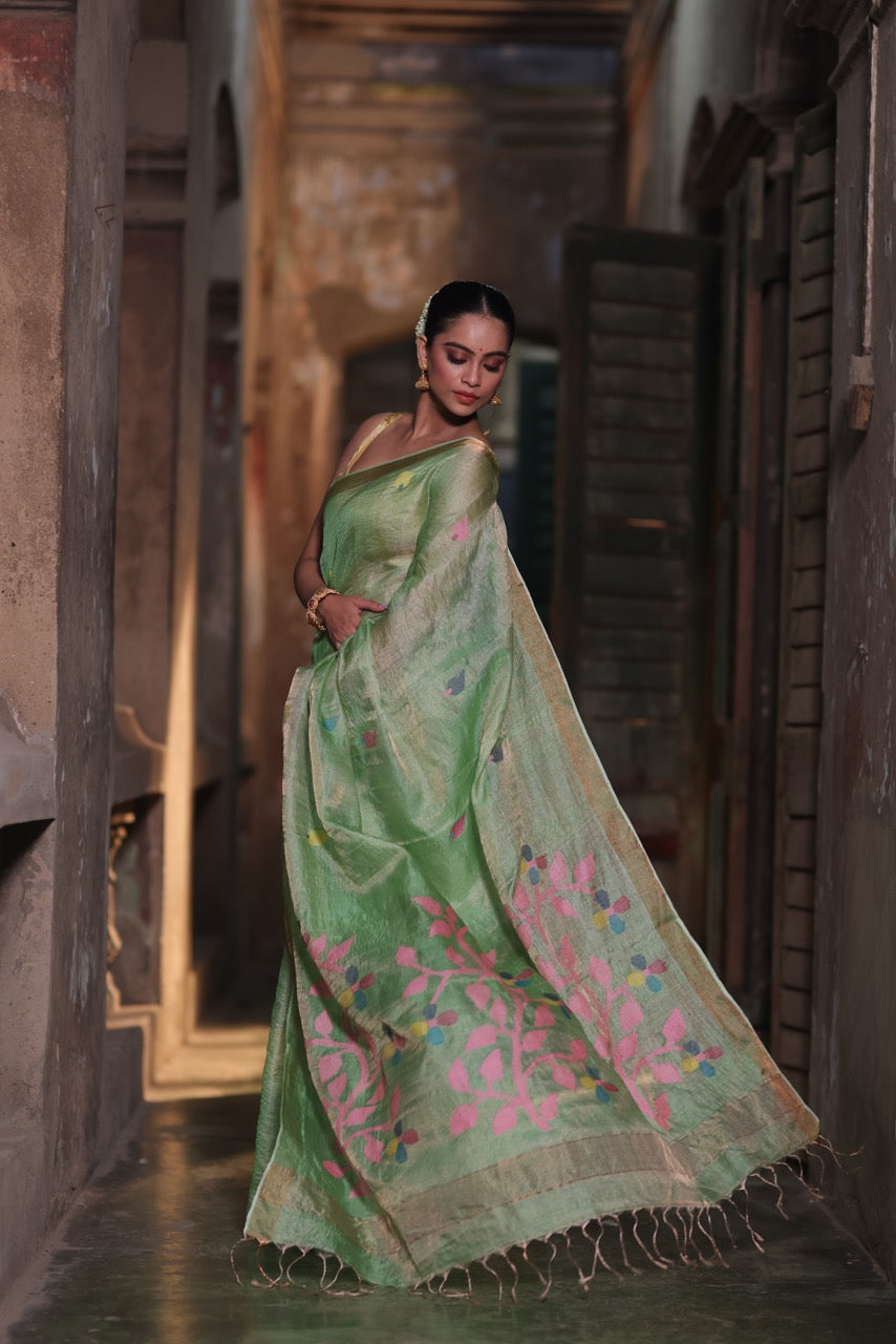 green-base-with-pink-stems-handloom-tissue-silk-saree-with-jamdani-weaving