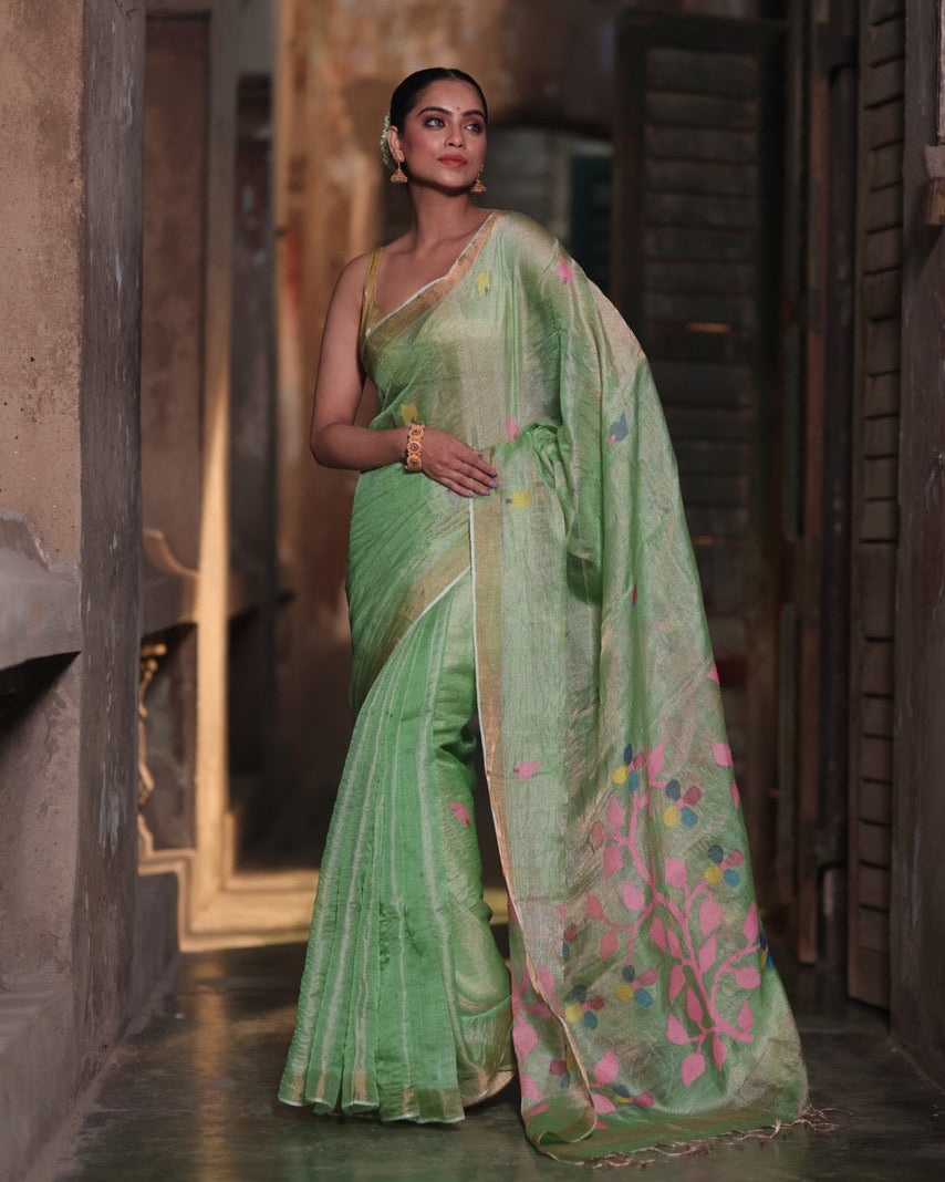 green-base-with-pink-stems-handloom-tissue-silk-saree-with-jamdani-weaving