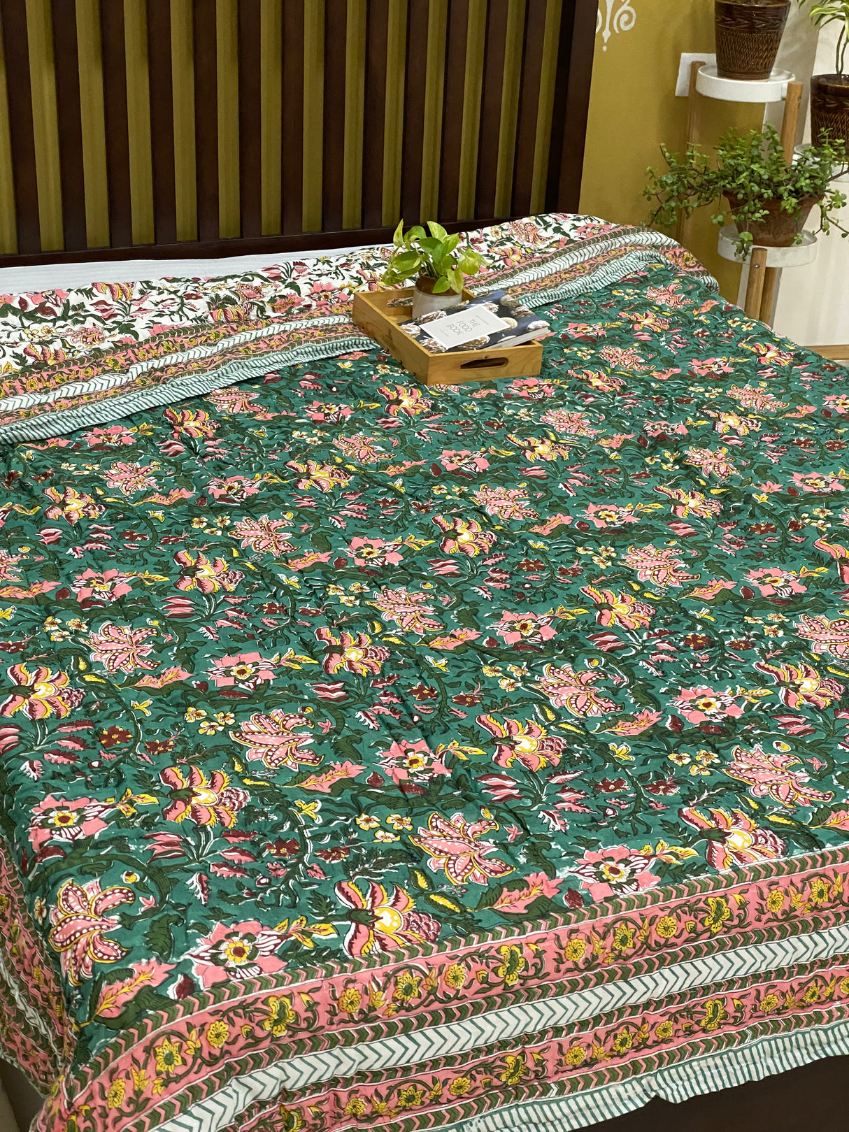 green-brown-king-cotton-quilt-front-view