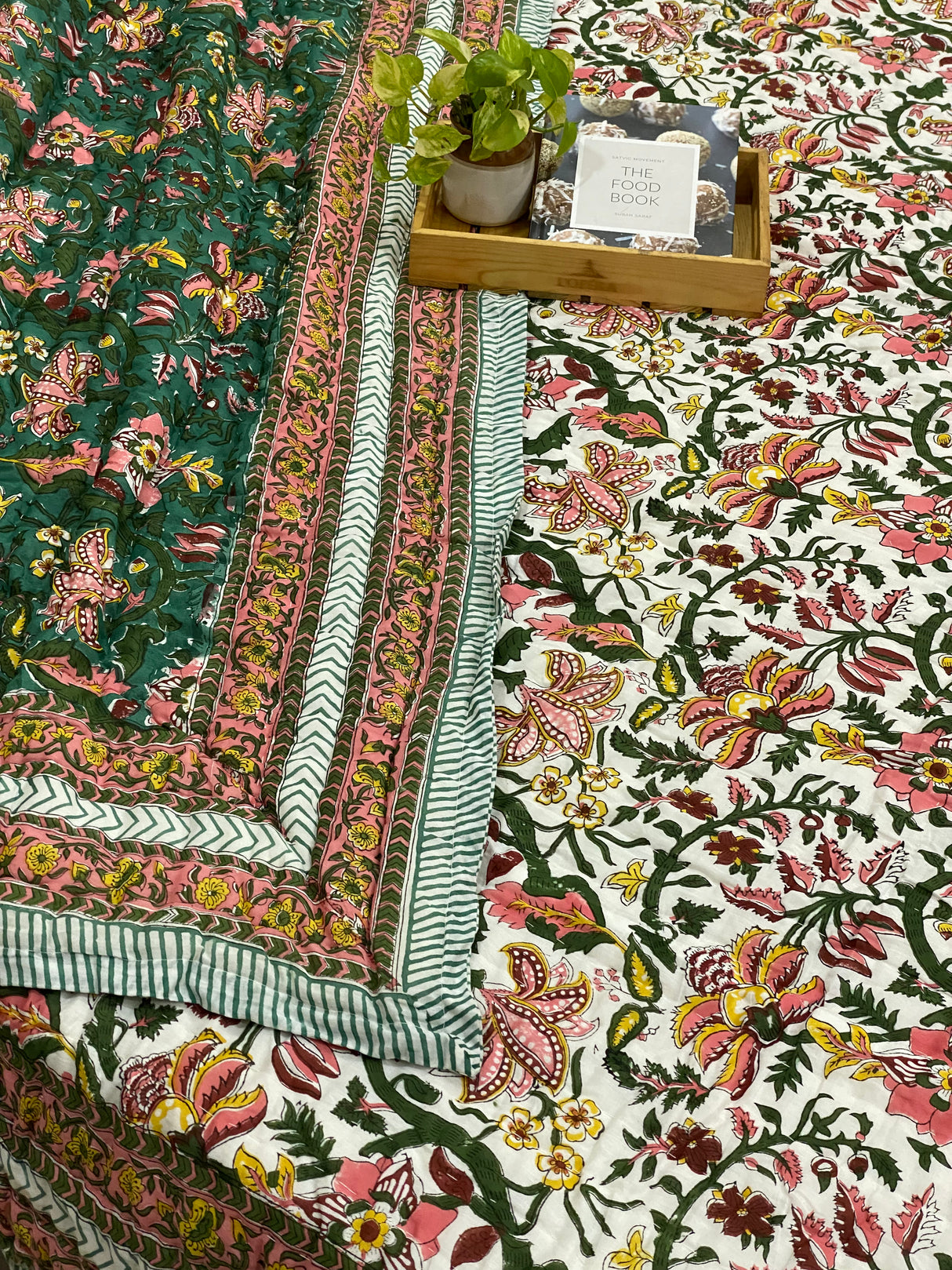 green-brown-king-cotton-quilt-side-view