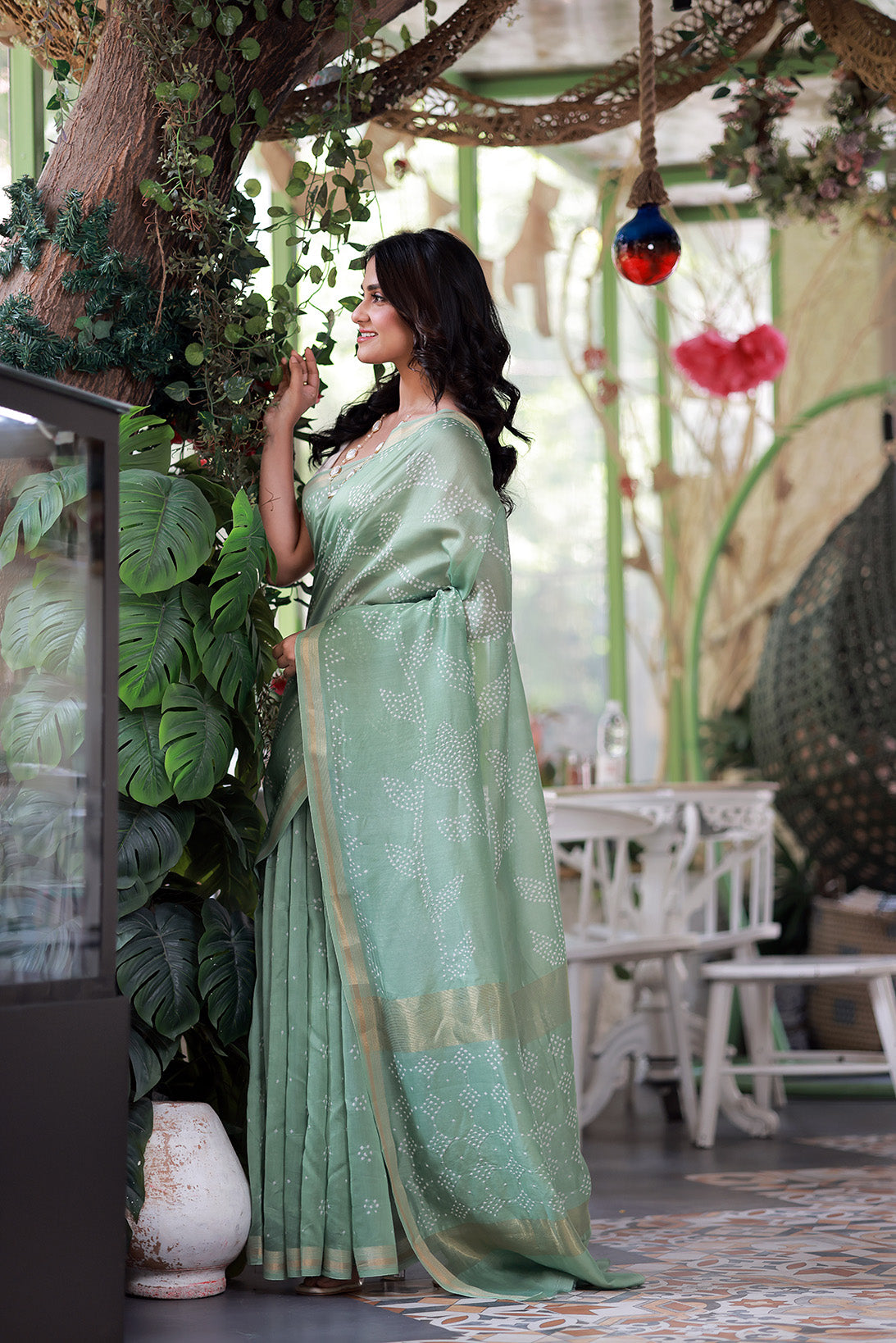 Green Chanderi Cotton Silk Half And Half Bandhani Saree