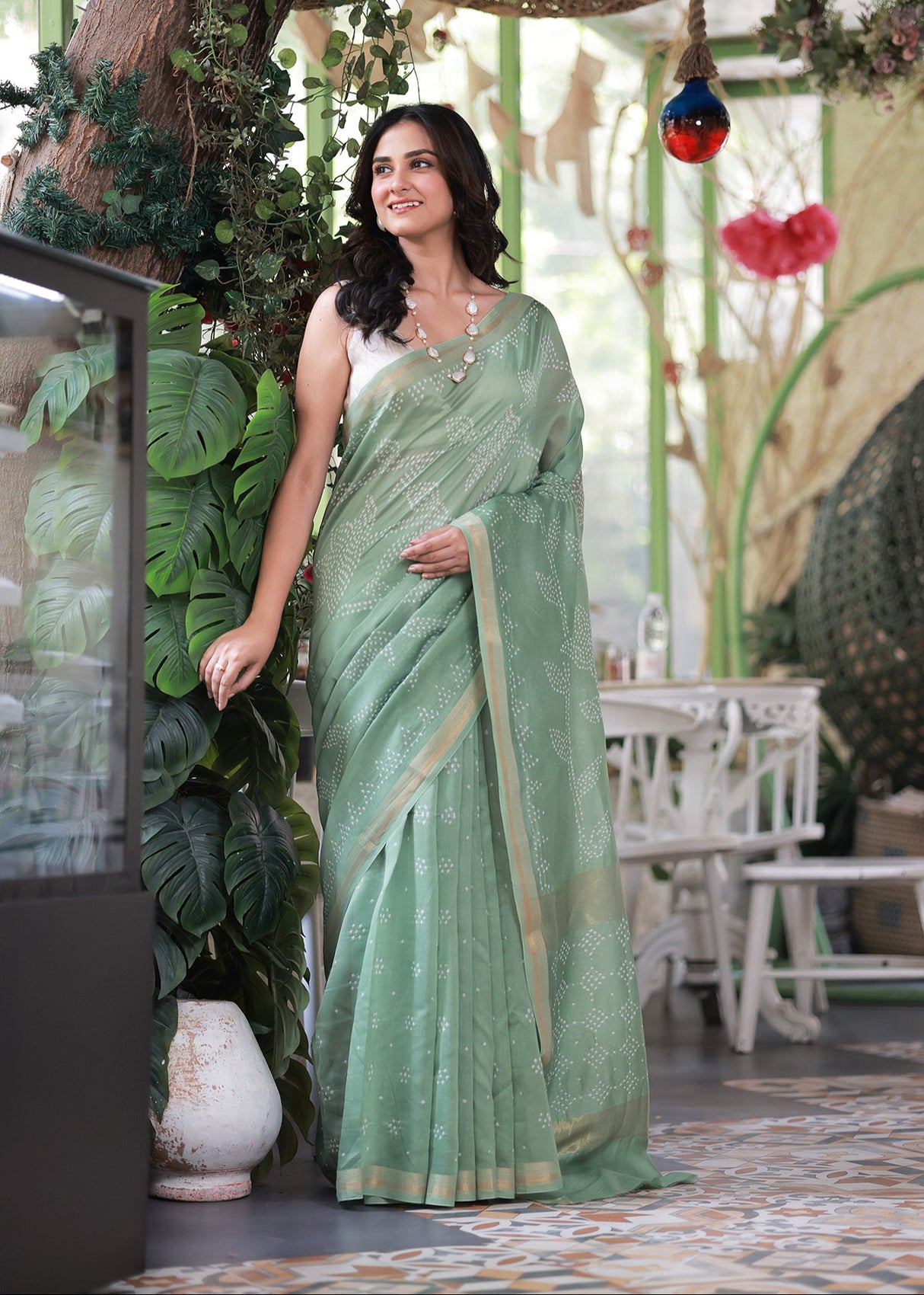 Green Chanderi Cotton Silk Half And Half Bandhani Saree