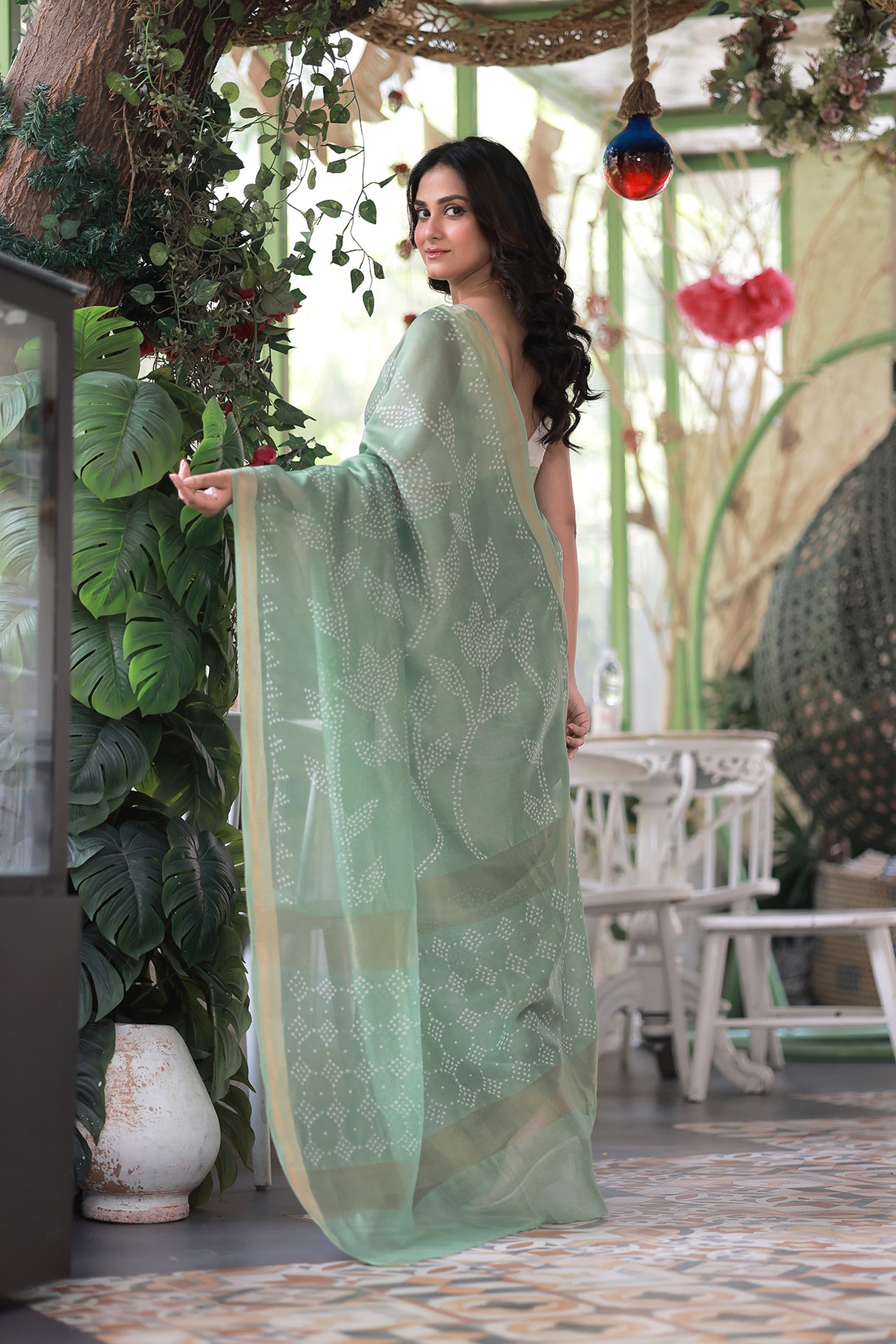 Green Chanderi Cotton Silk Half And Half Bandhani Saree