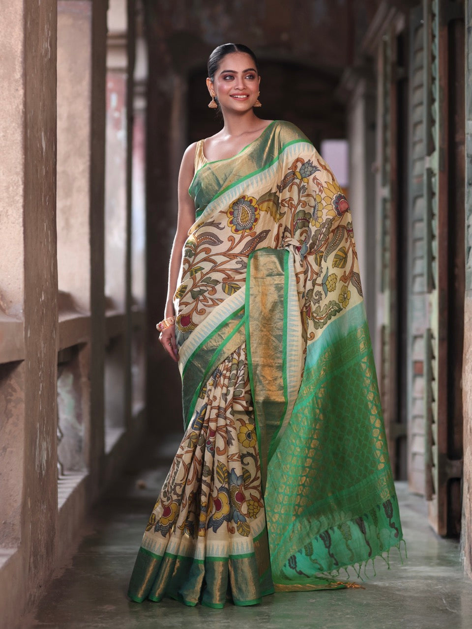 Verdant Grace Cotton Silk Kalamkari Saree