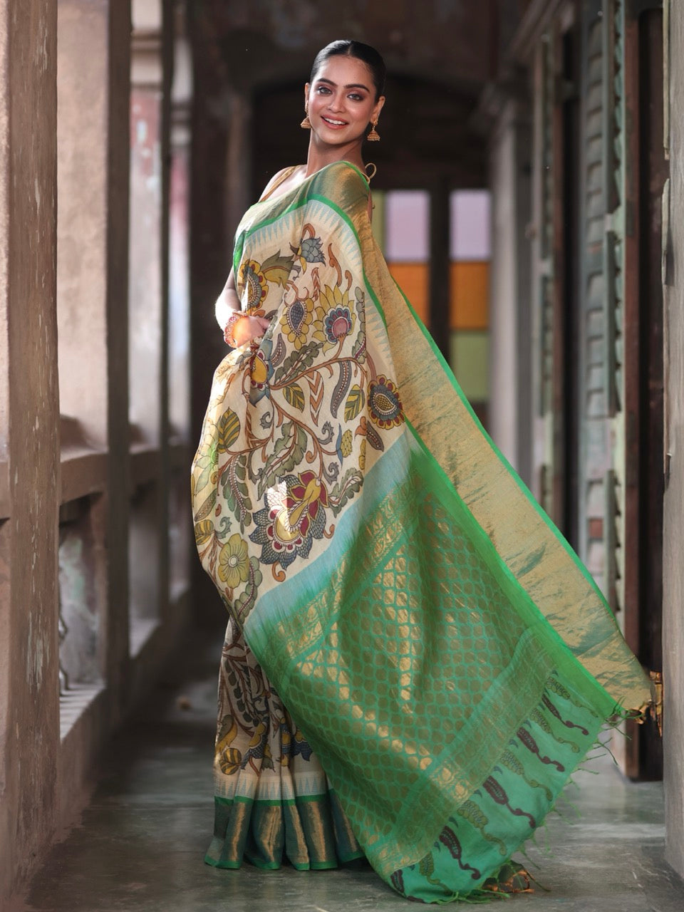 Verdant Grace Cotton Silk Kalamkari Saree