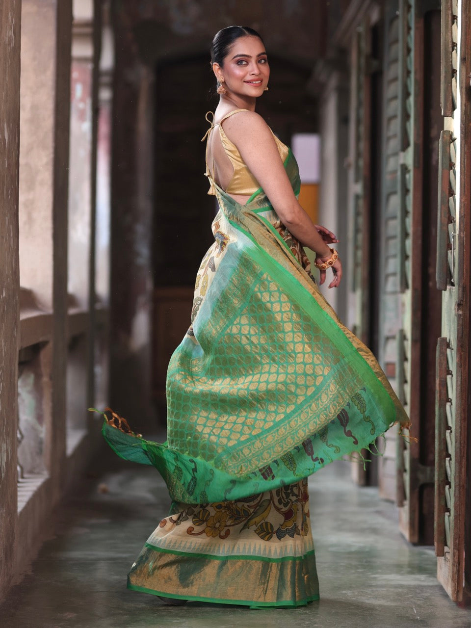 Verdant Grace Cotton Silk Kalamkari Saree