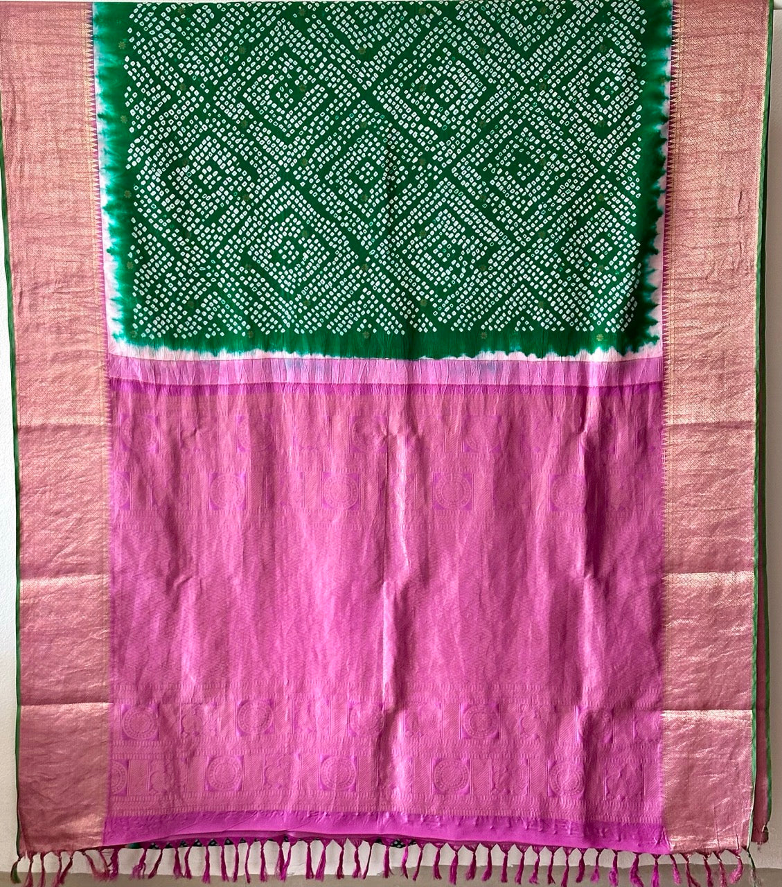 green-kanjivaram-silk-bandhani-saree