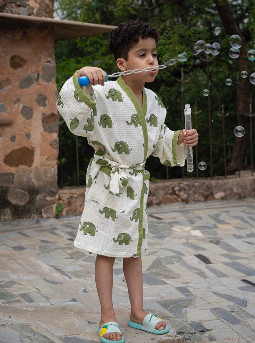 elephant-green soft waffle cotton kids bathrobe with subtle elephant print and personalization available for export to Thailand and Indonesia