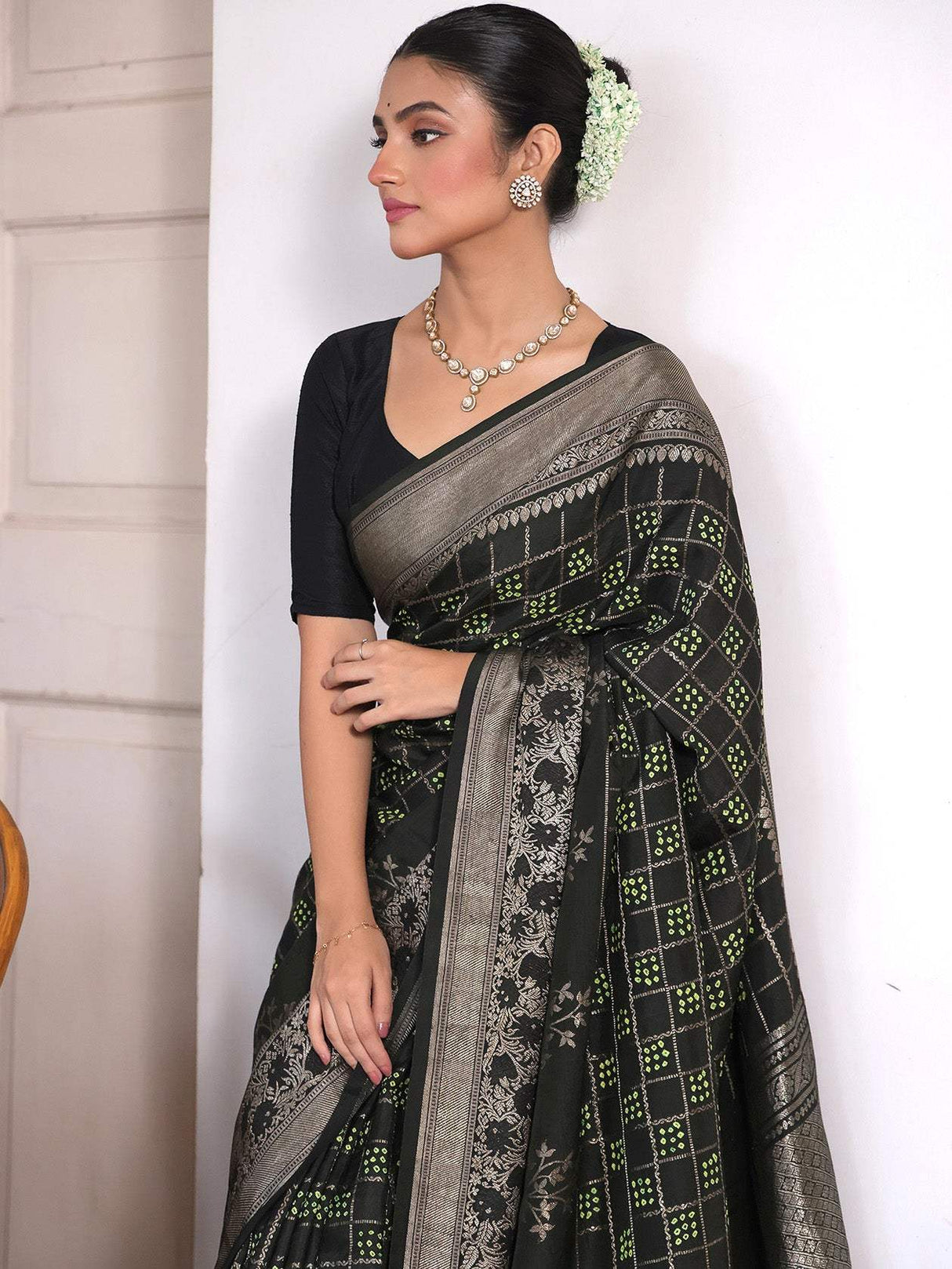 Silk by Silk Greenish Black Gharchola Style Bandhani Saree with Muted Silver Border