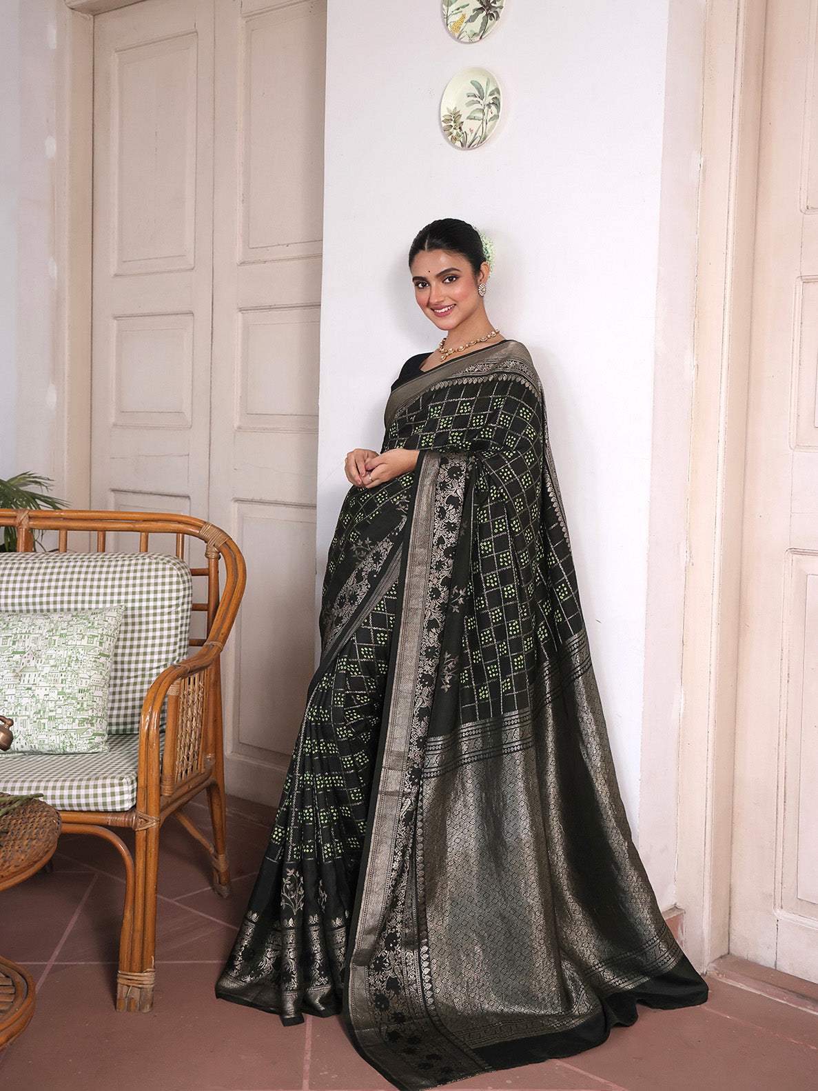 Silk by Silk Greenish Black Gharchola Style Bandhani Saree with Muted Silver Border