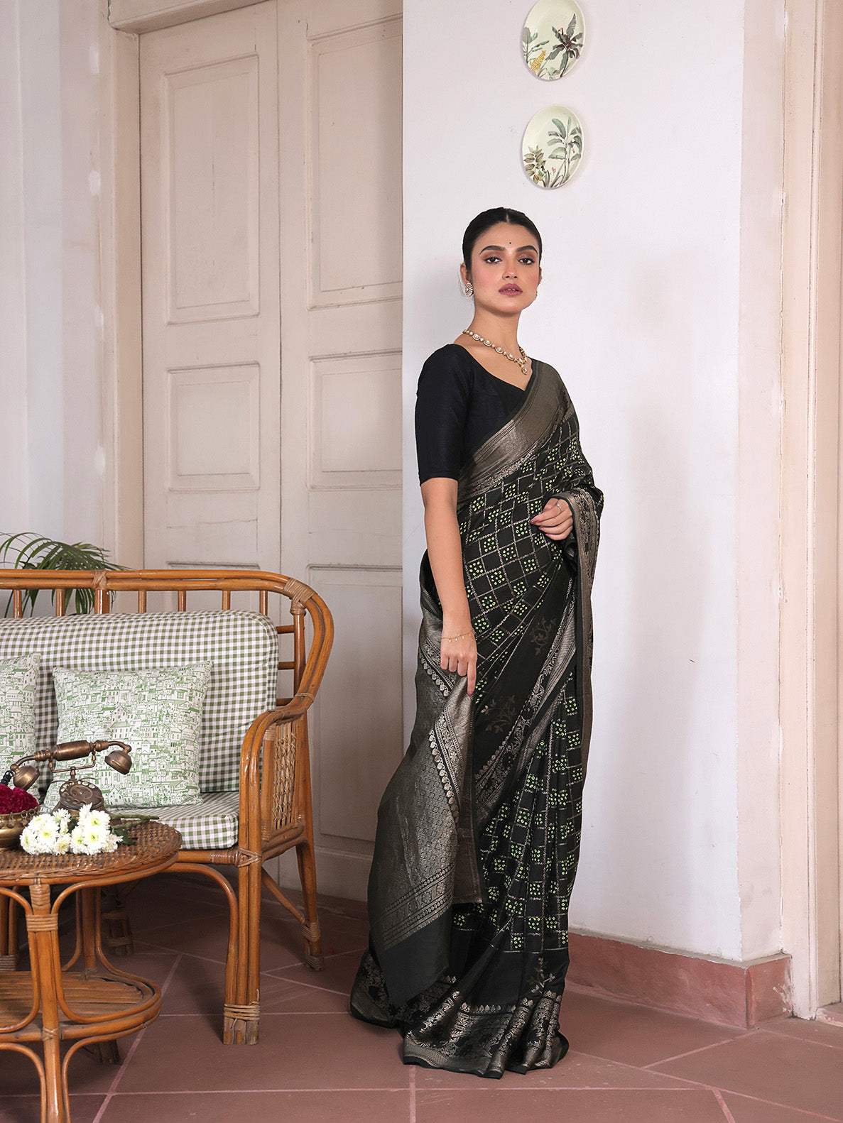 Silk by Silk Greenish Black Gharchola Style Bandhani Saree with Muted Silver Border