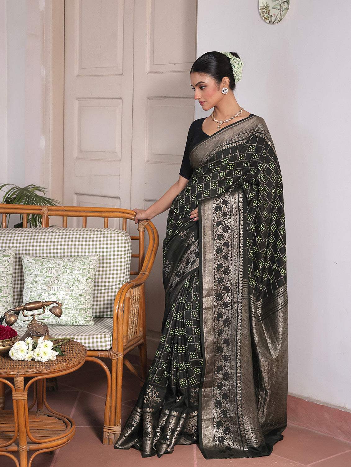 Silk by Silk Greenish Black Gharchola Style Bandhani Saree with Muted Silver Border