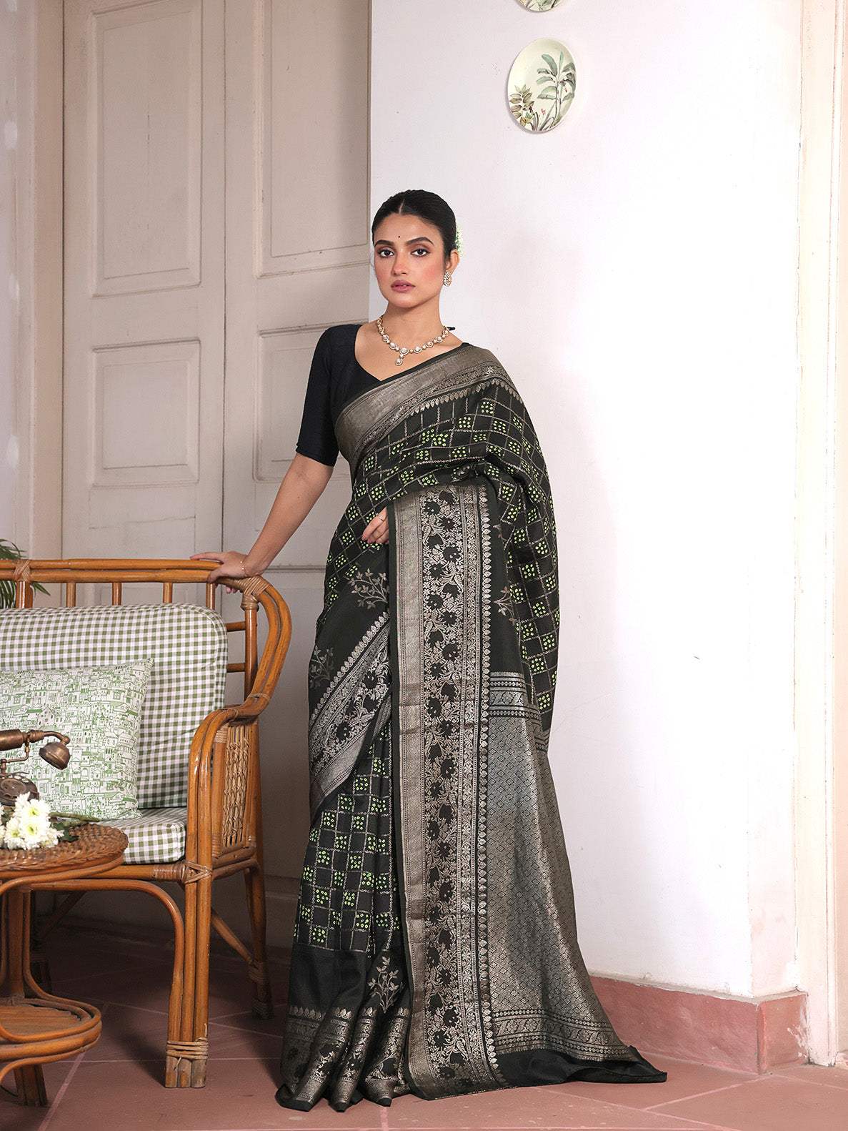 Silk by Silk Greenish Black Gharchola Style Bandhani Saree with Muted Silver Border