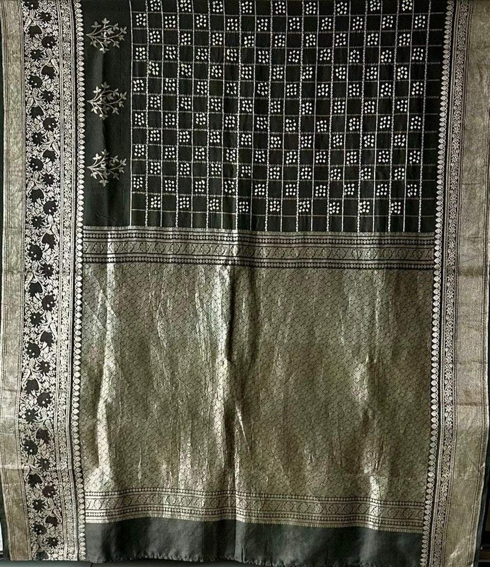 Silk by Silk Greenish Black Gharchola Style Bandhani Saree with Muted Silver Border