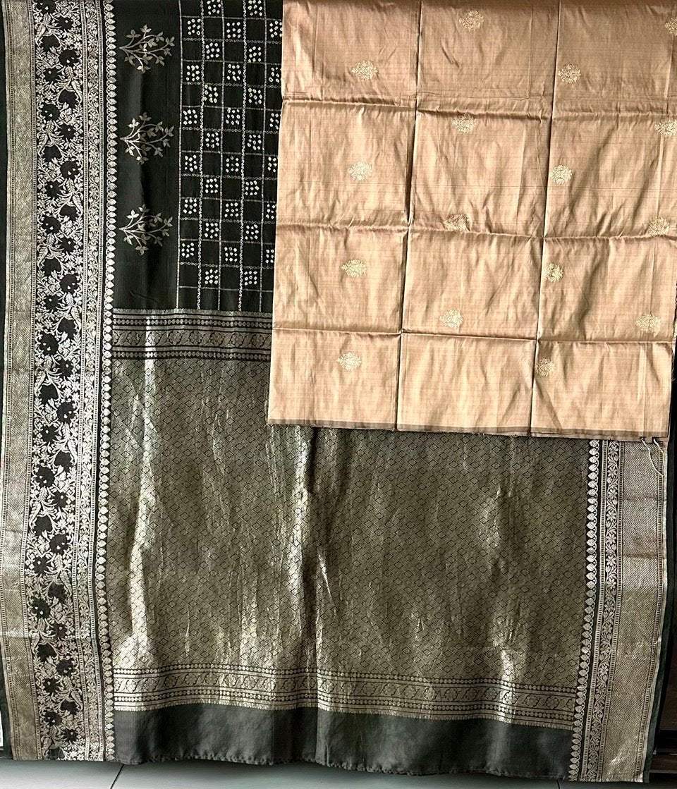 Silk by Silk Greenish Black Gharchola Style Bandhani Saree with Muted Silver Border