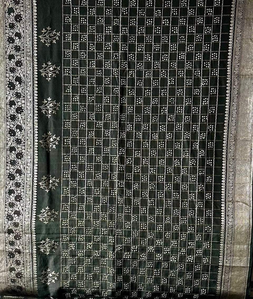 Silk by Silk Greenish Black Gharchola Style Bandhani Saree with Muted Silver Border