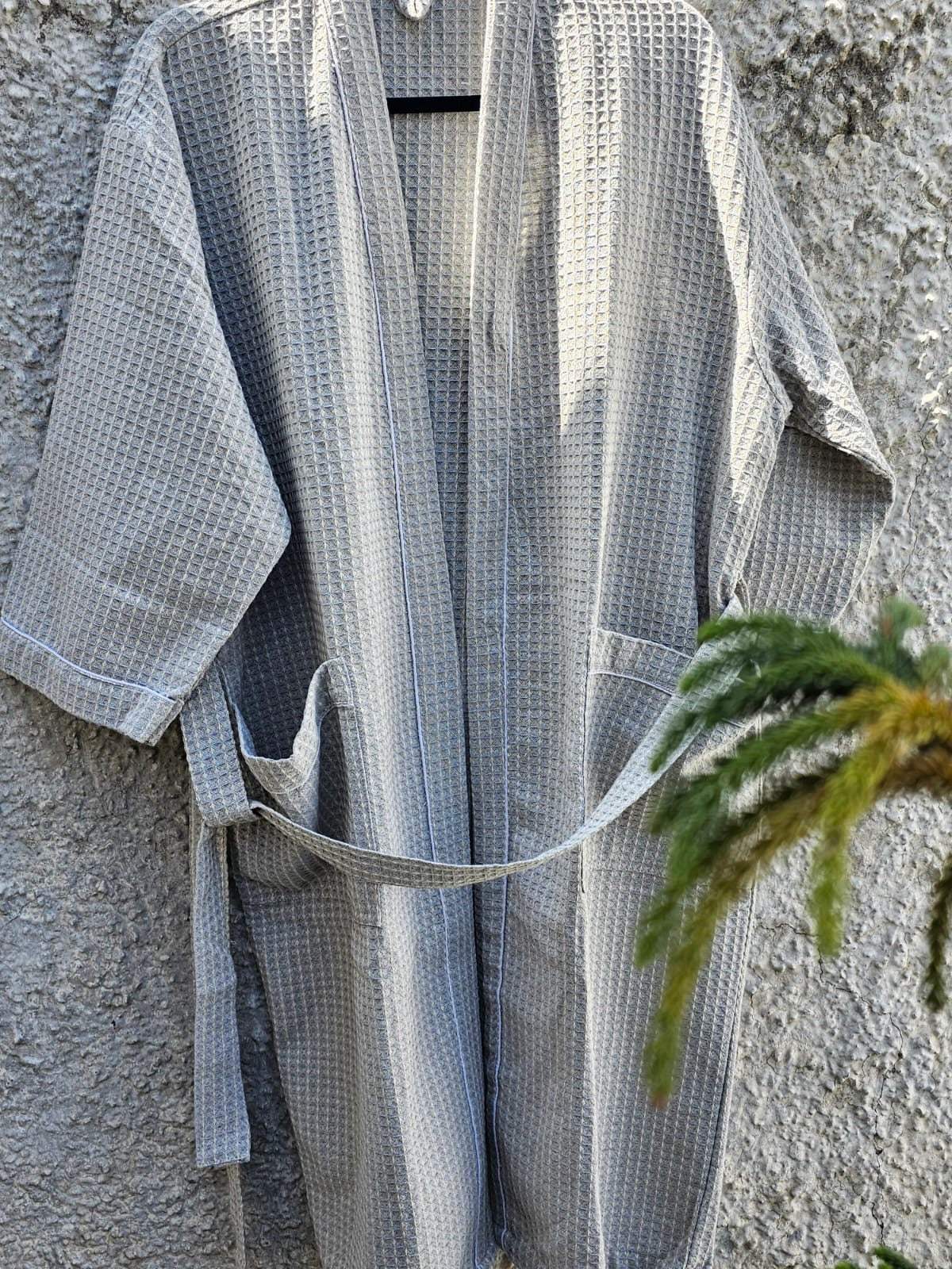 grey-unisex-cotton-waffle-bathrobe-hanging-view