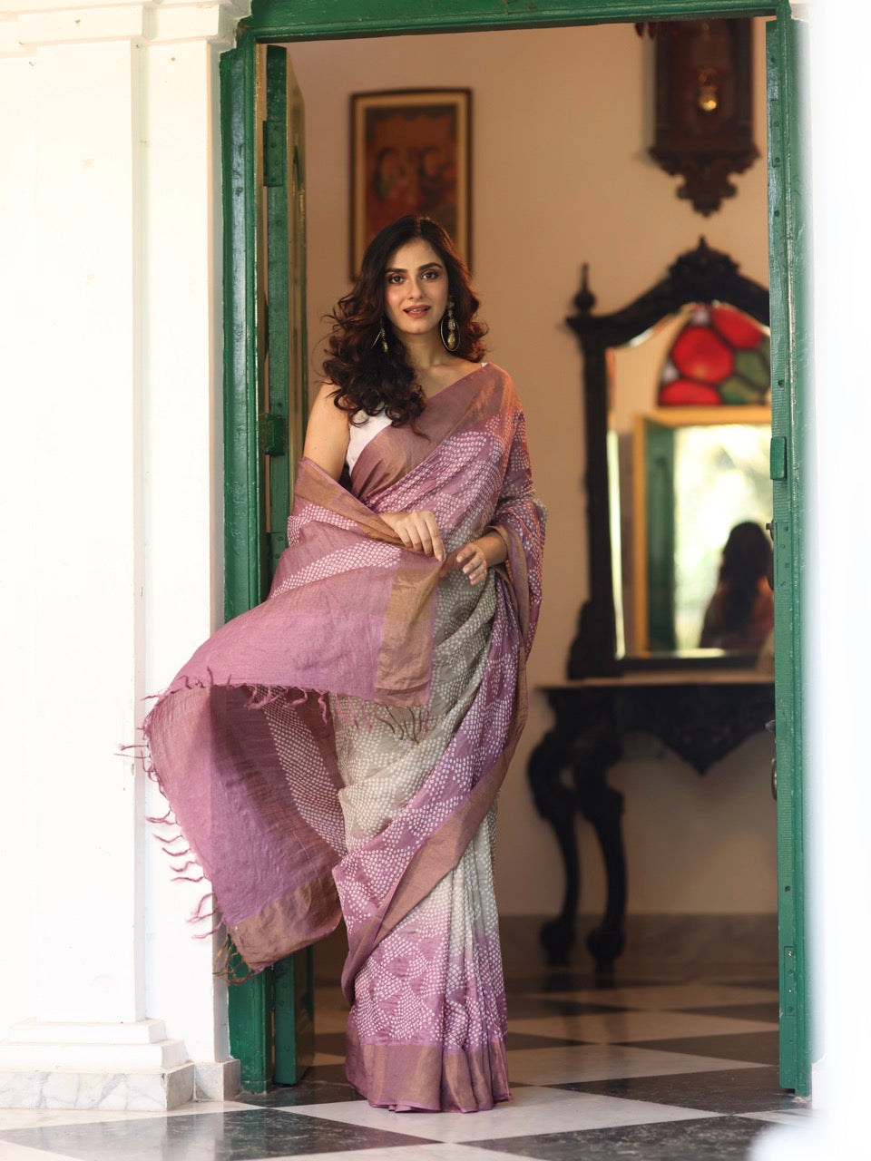 gulabi-zariya-munga-tussar-silk-bandhani-saree