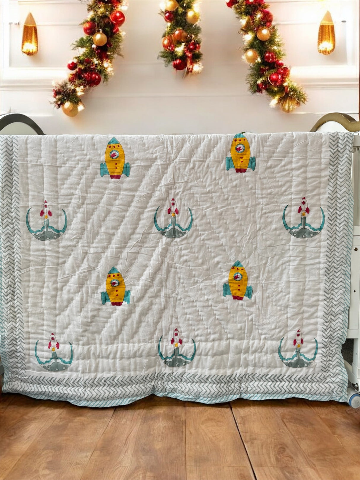 soft cotton boys quilt space design handcrafted in India shipping to USA UK Australia