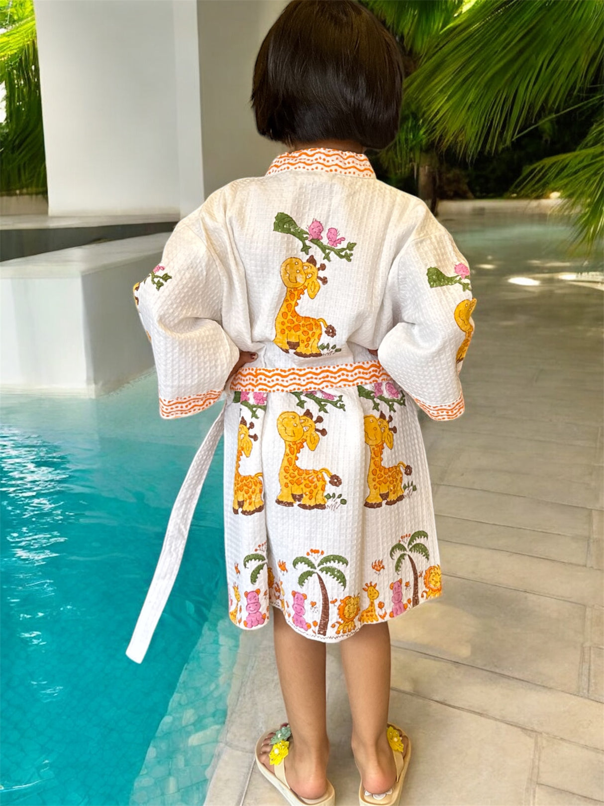lightweight cotton waffle kids bathrobe cute giraffe print for daily use after shower