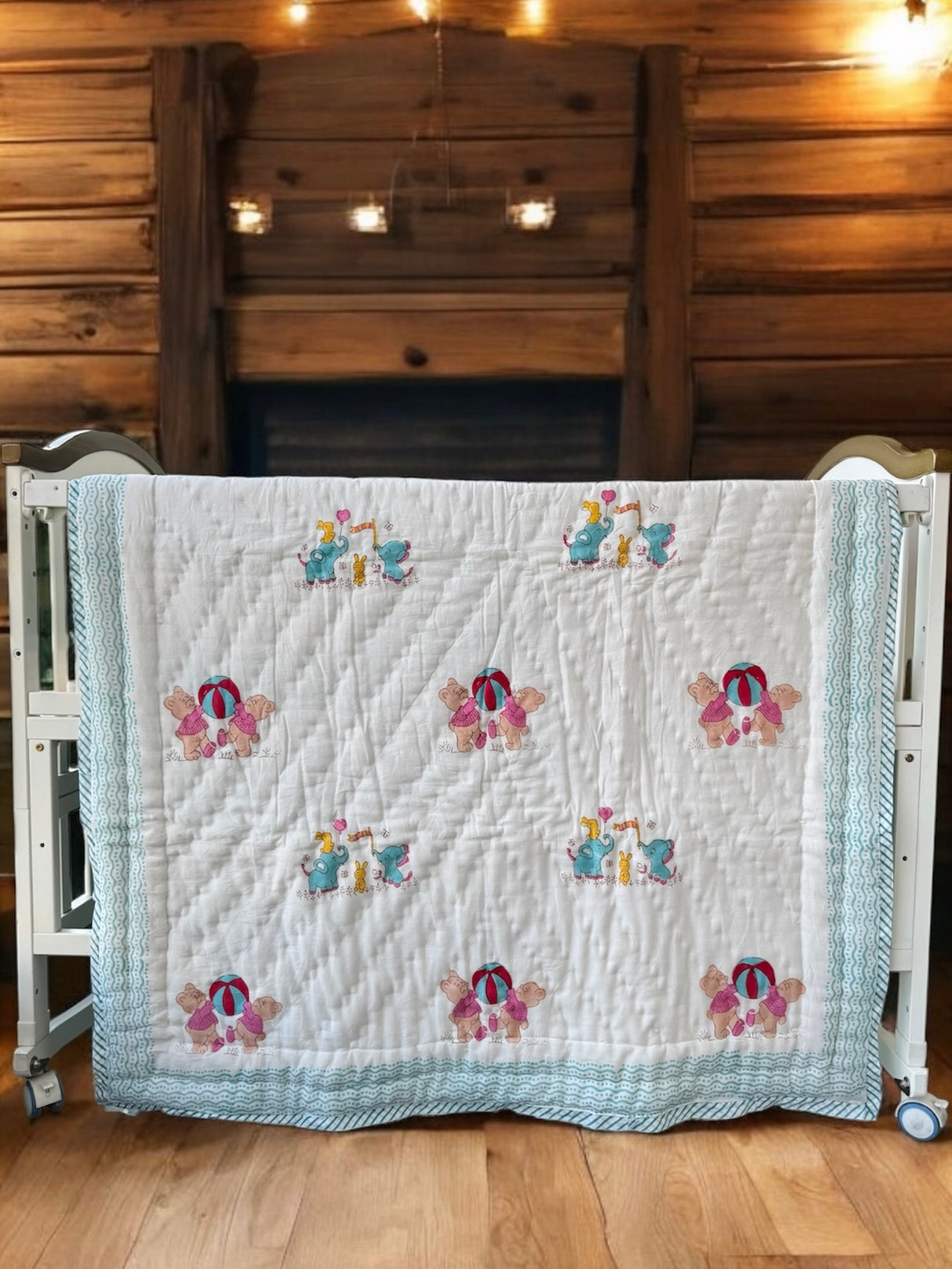 soft mulmul quilt for babies made in Jaipur India with teddy bears playing ball great for Indian resellers in Dubai and Malaysia