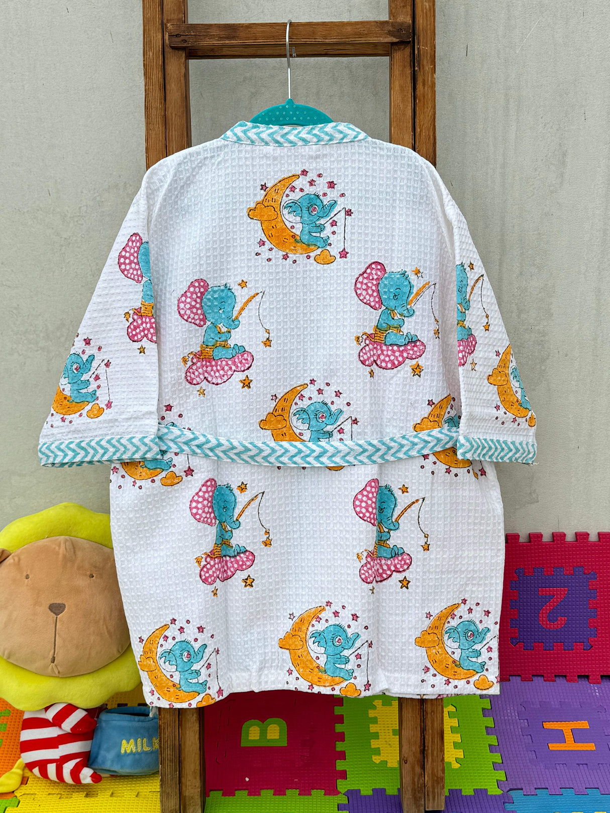 personalized elephant print kids bathrobe in block printed waffle cotton for small business gifting and international bulk supply