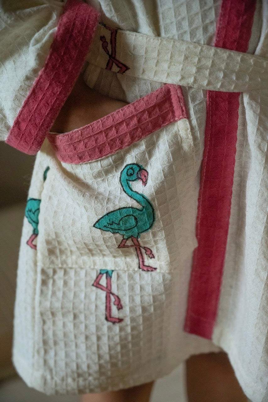 girls cotton bathrobes for beach vacations handblock printed flamingo design affordable gifting Kuwait