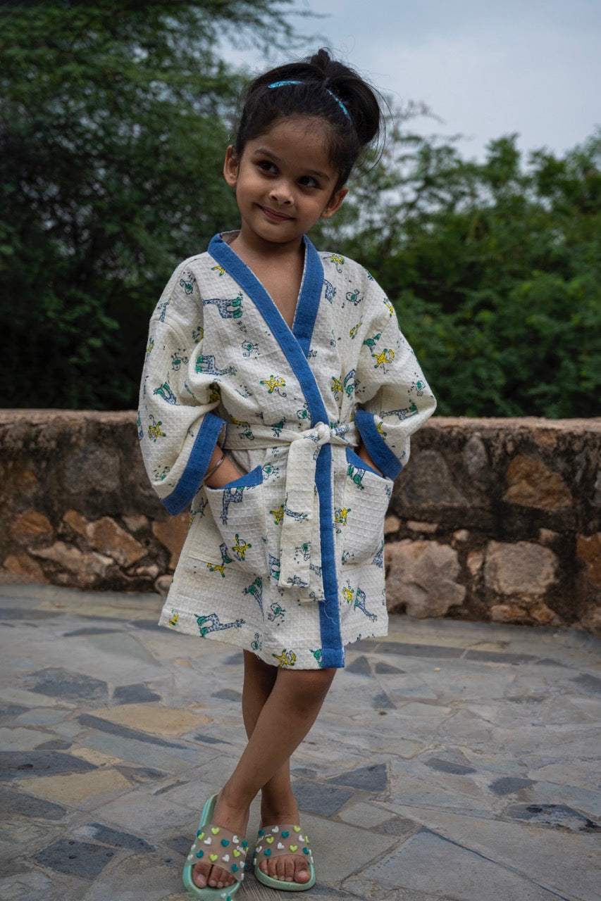 giraffe monkey handblock printed cotton kids bathrobes ideal for beach holidays and birthday gifts
