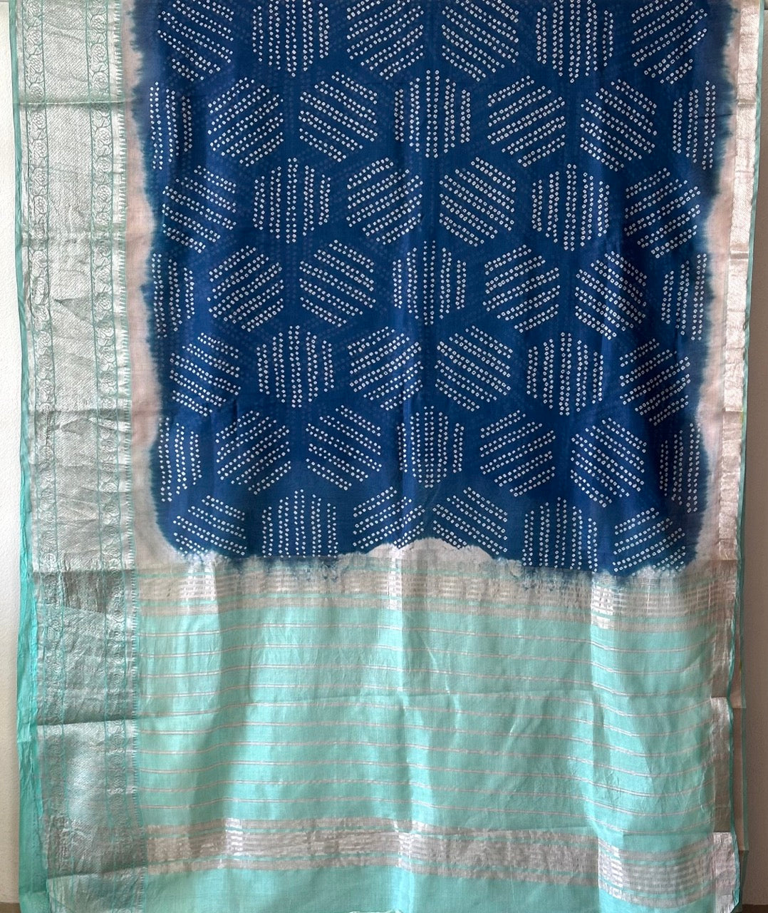 Blue and Sea Green Handloom Mangalagiri Cotton Silk Bandhani Saree