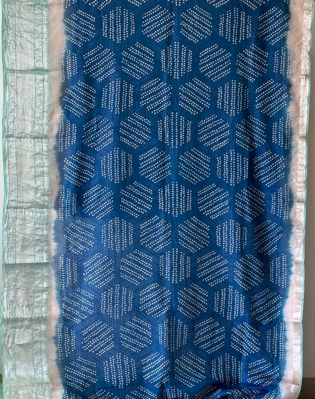 Blue and Sea Green Handloom Mangalagiri Cotton Silk Bandhani Saree