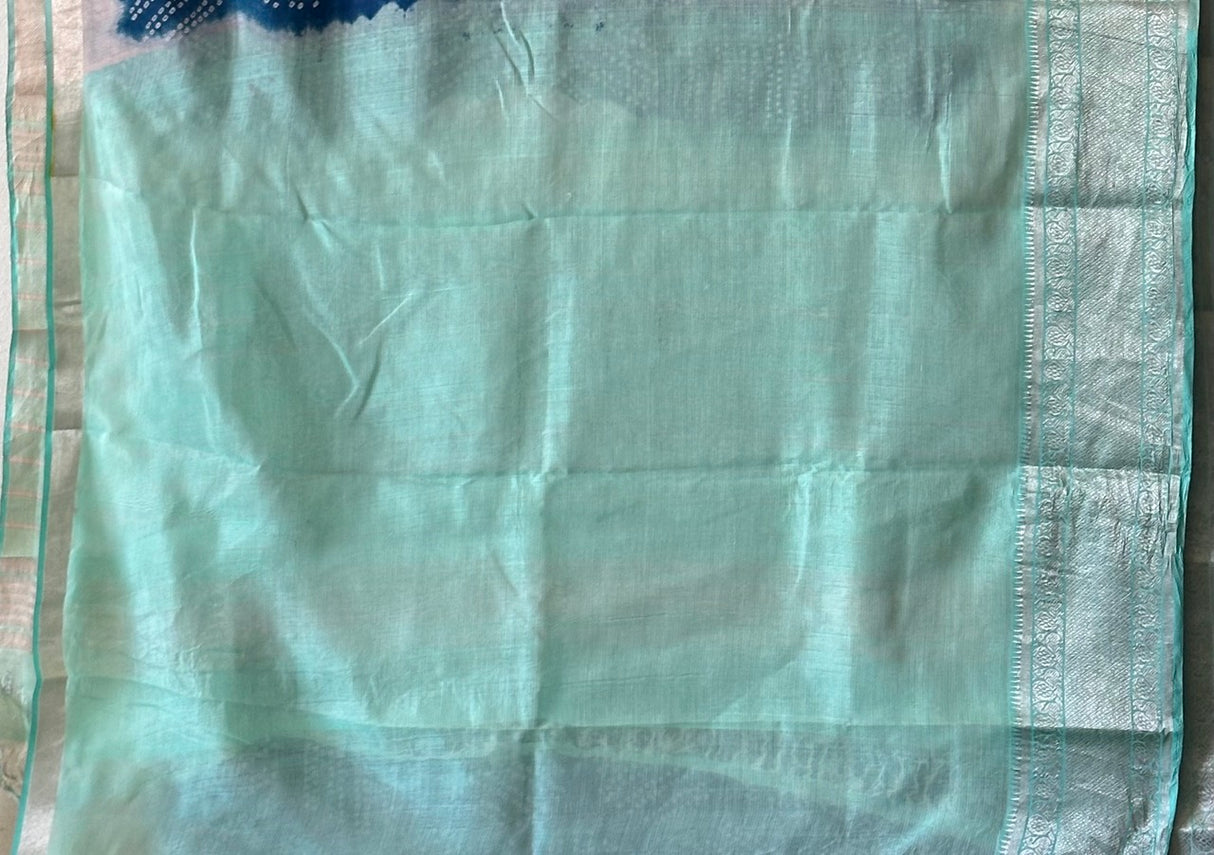 Blue and Sea Green Handloom Mangalagiri Cotton Silk Bandhani Saree