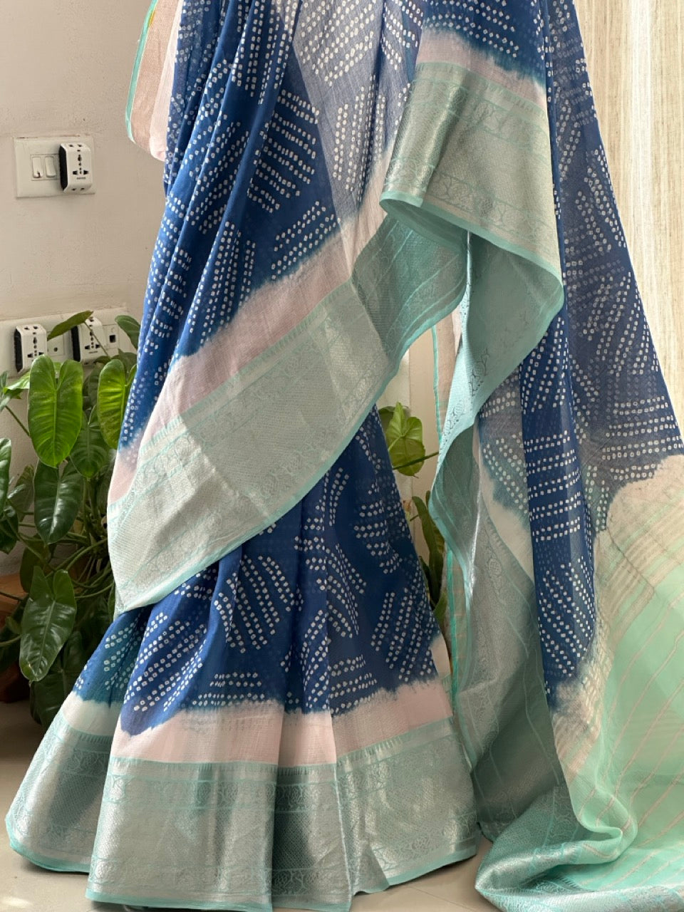 Blue and Sea Green Handloom Mangalagiri Cotton Silk Bandhani Saree