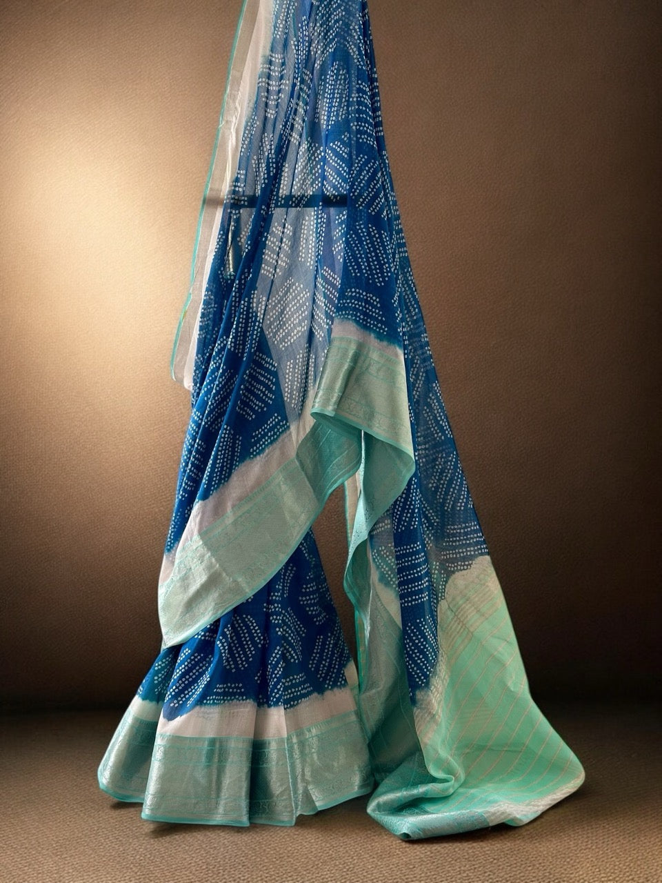 Blue and Sea Green Handloom Mangalagiri Cotton Silk Bandhani Saree