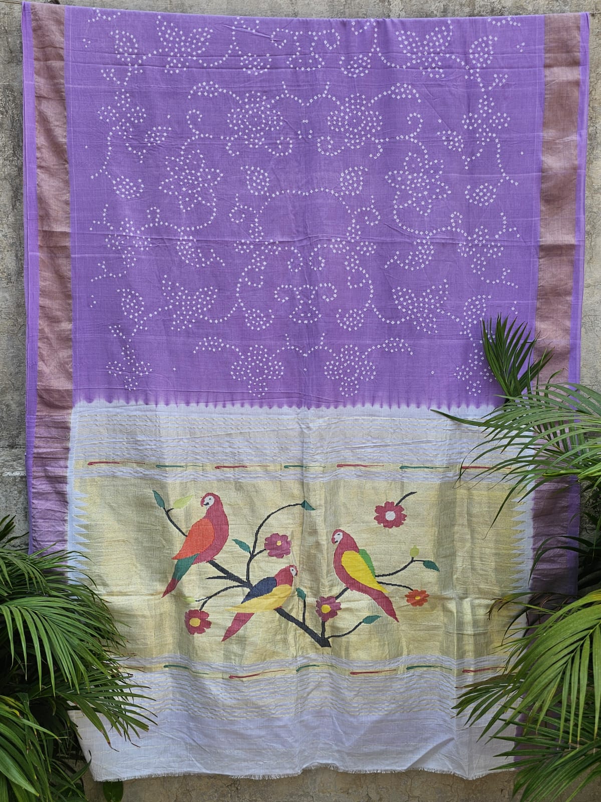 Handloom Cotton Paithani Bandhani Saree in Light Lavender Colour