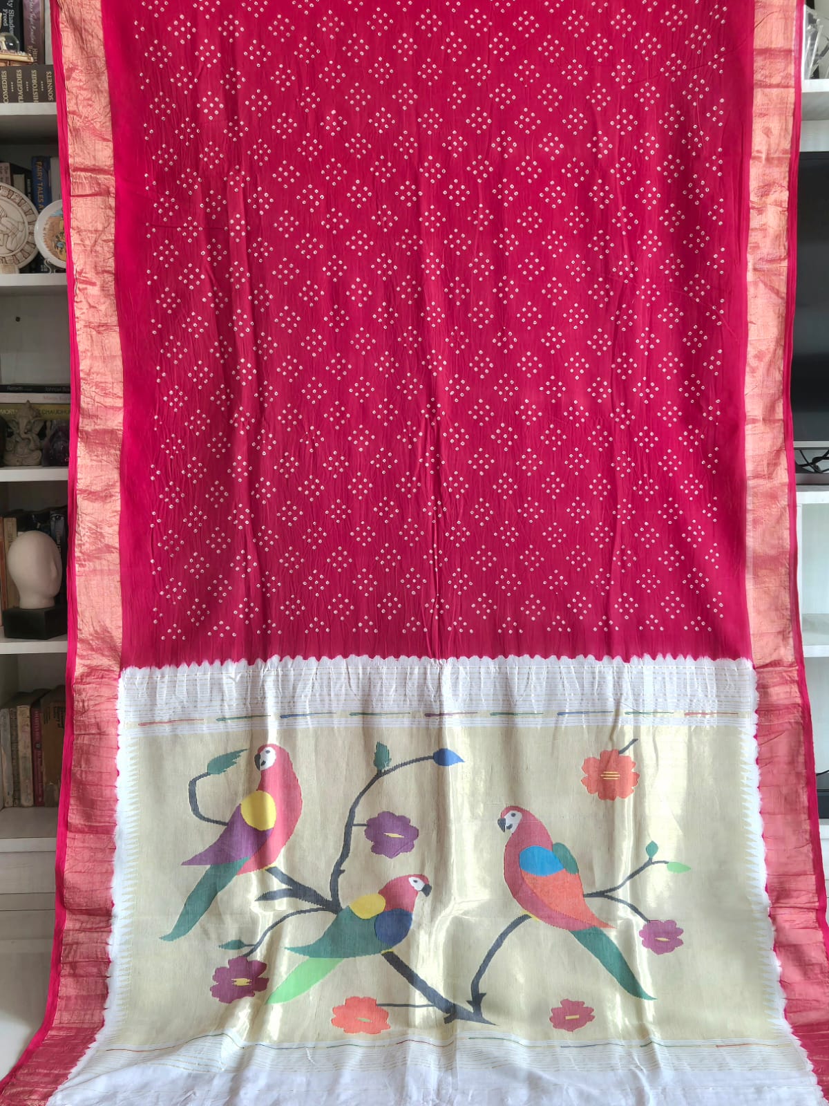 handloom-cotton-paithani-bandhani-saree-in-red-cherry-colour