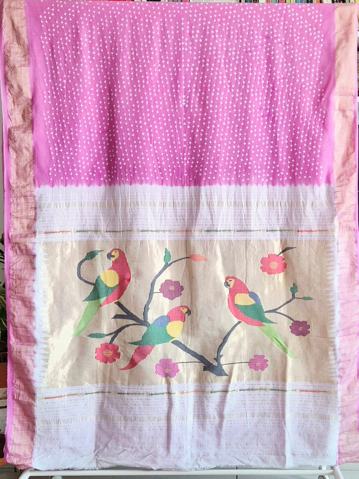handloom-cotton-paithani-bandhani-saree-in-soft-bubble-gum-pink-colour