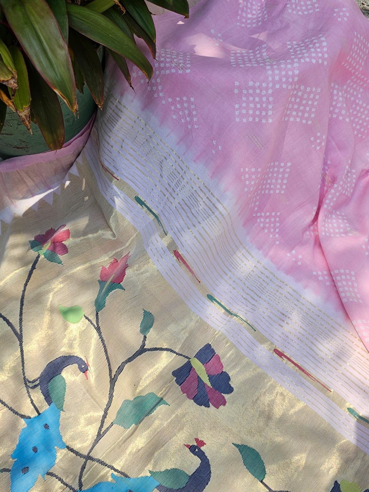 handloom-cotton-paithani-bandhani-saree-in-soft-pink-colour