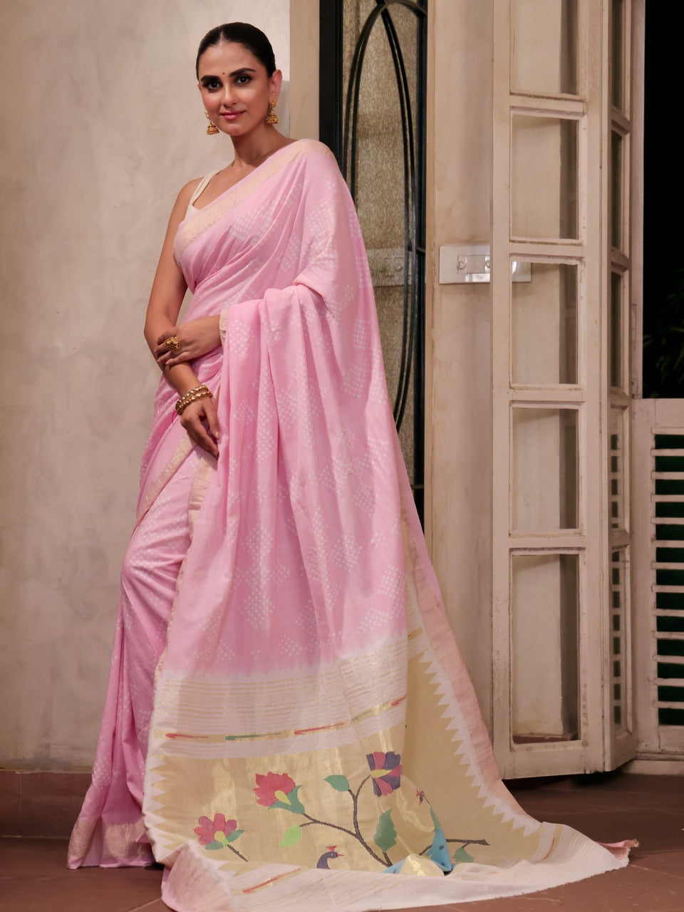handloom-cotton-paithani-bandhani-saree-in-soft-pink-colour