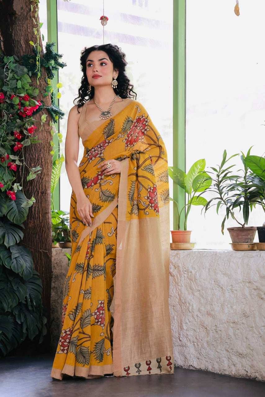 Handloom Matka Silk Floral Kalamkari Saree In Kesari Colour (PREORDER 1 month)