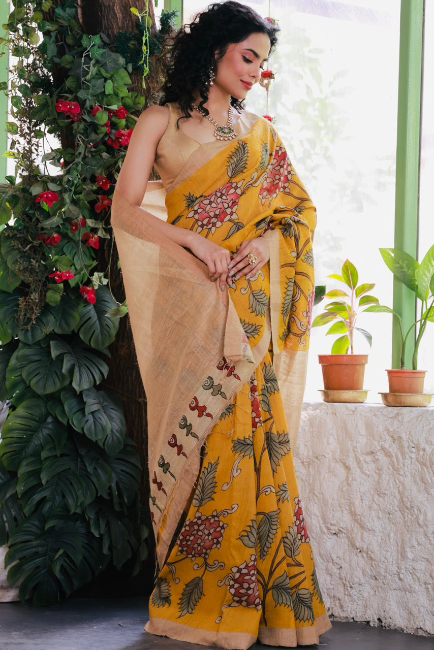 Handloom Matka Silk Floral Kalamkari Saree In Kesari Colour (PREORDER 1 month)