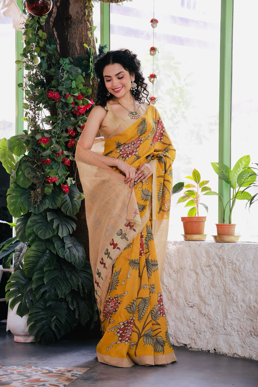 Handloom Matka Silk Floral Kalamkari Saree In Kesari Colour (PREORDER 1 month)