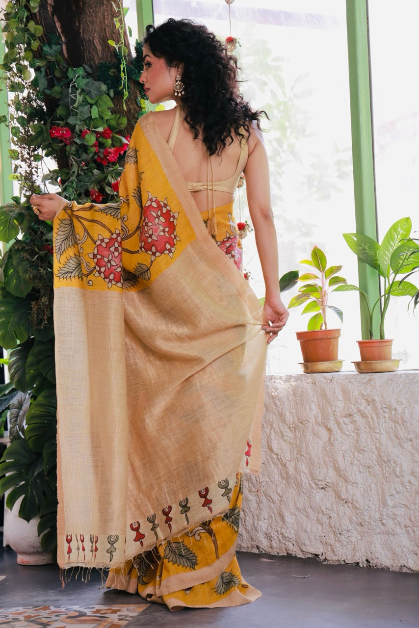 Handloom Matka Silk Floral Kalamkari Saree In Kesari Colour (PREORDER 1 month)