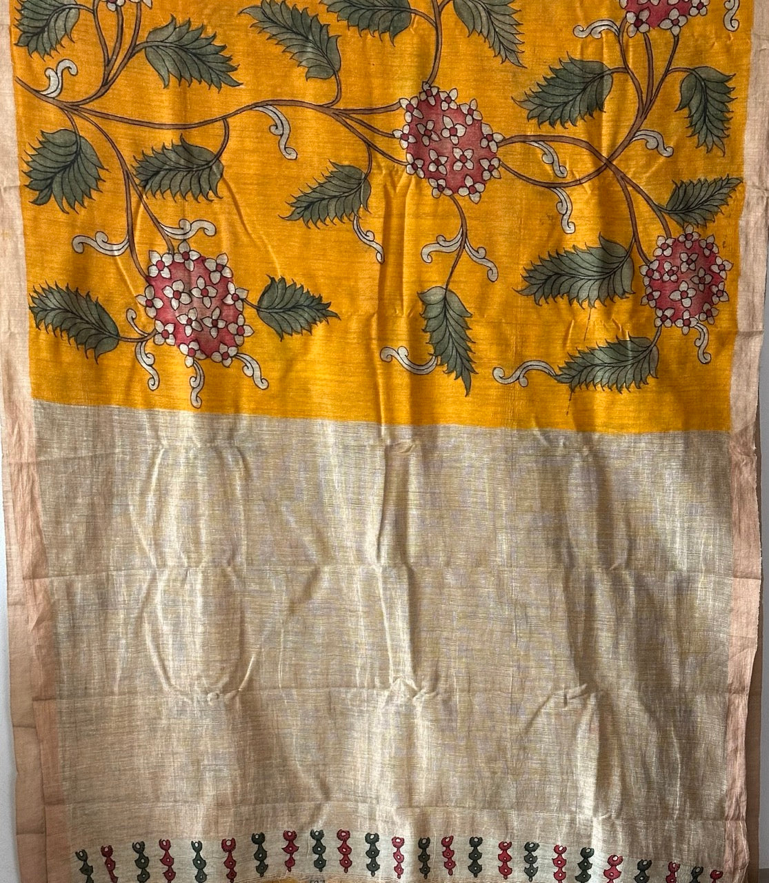 Handloom Matka Silk Floral Kalamkari Saree In Kesari Colour (PREORDER 1 month)