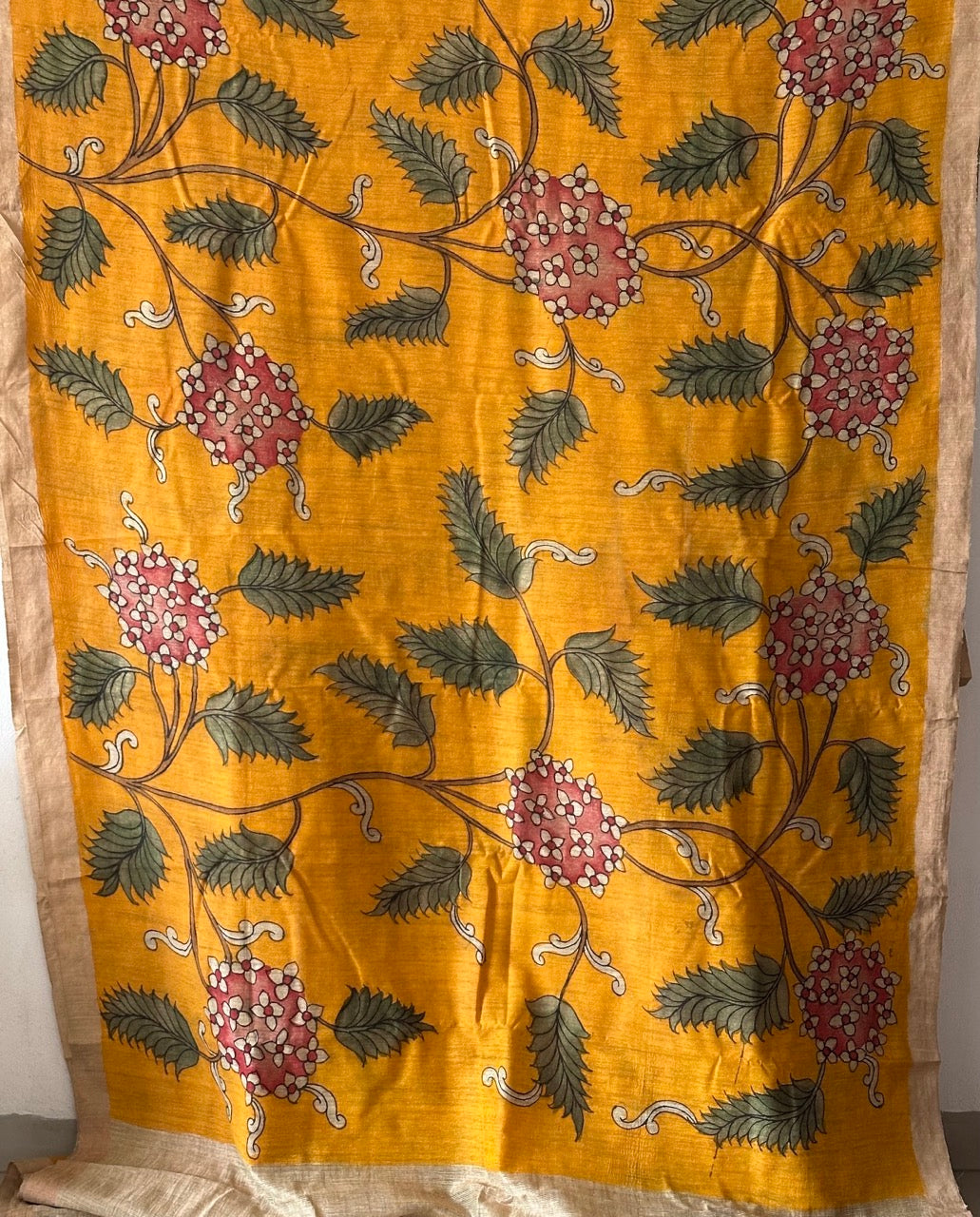 Handloom Matka Silk Floral Kalamkari Saree In Kesari Colour (PREORDER 1 month)