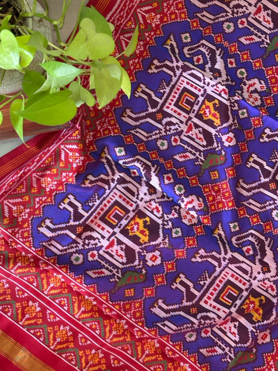 Handloom Pure Silk Single Ikat/Patola Dupatta With Striking Elephant Motif