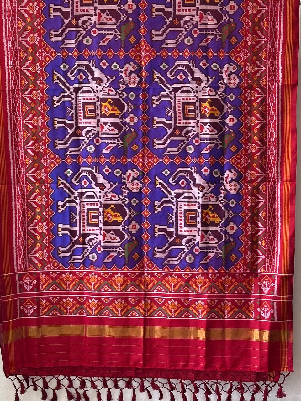 Handloom Pure Silk Single Ikat/Patola Dupatta With Striking Elephant Motif