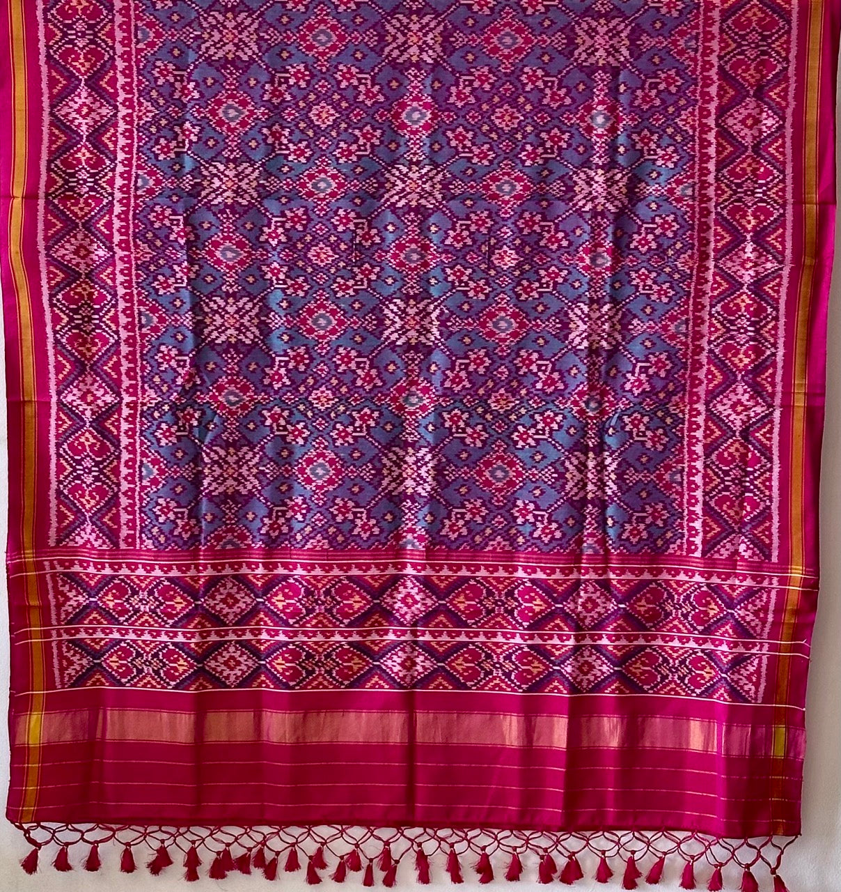 Teal and Pink Handloom Pure Silk Single Ikat/Patola Dupatta